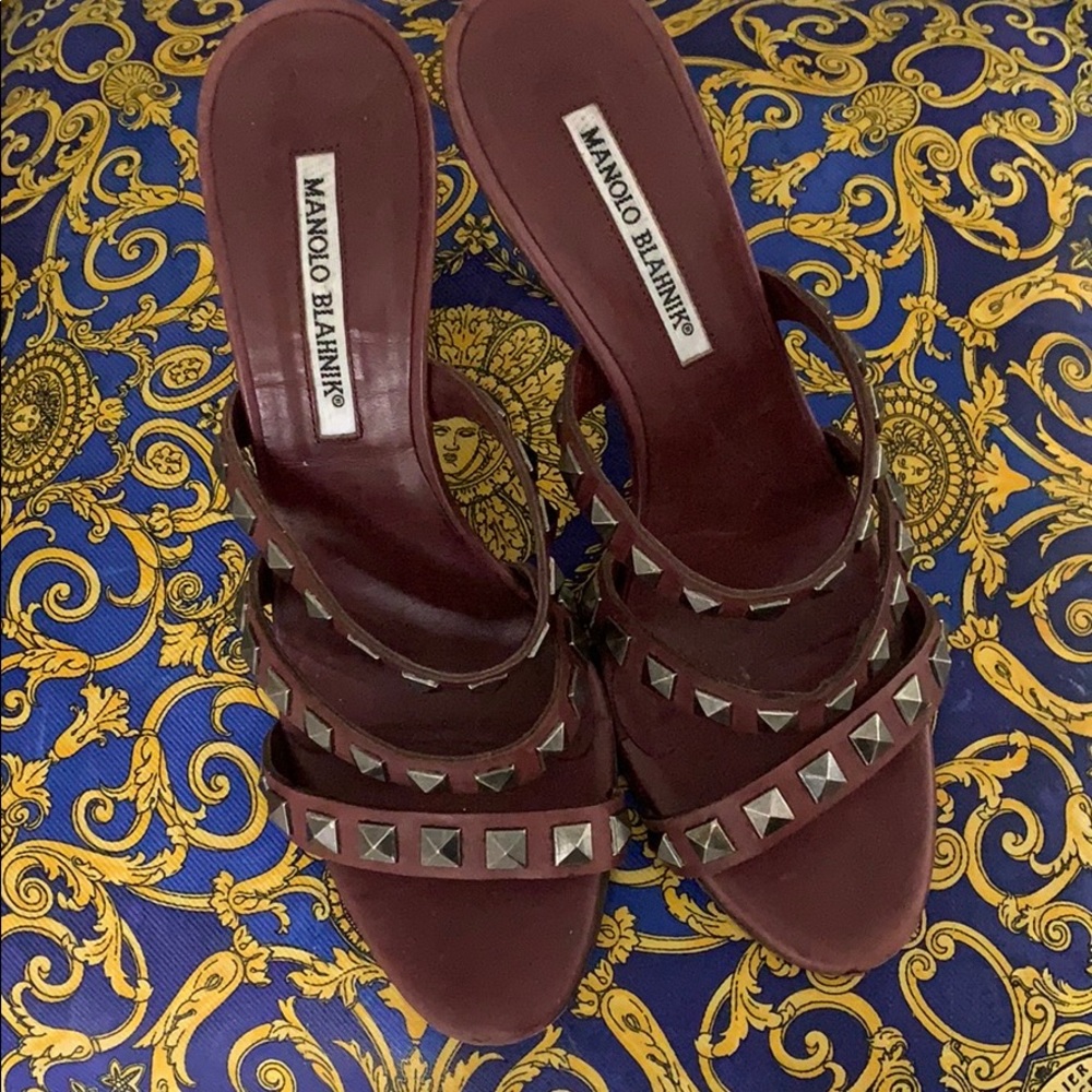 MANOLO BLAHNIK 3 STRAP STUDDED HEELED SANDALS